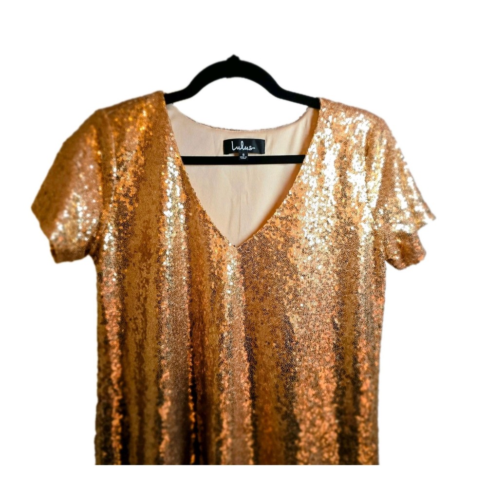 Rose Gold Sequin Mini Dress V Neck Short Sleeve Party Cocktail Holiday Sparkle S - Picture 4 of 12